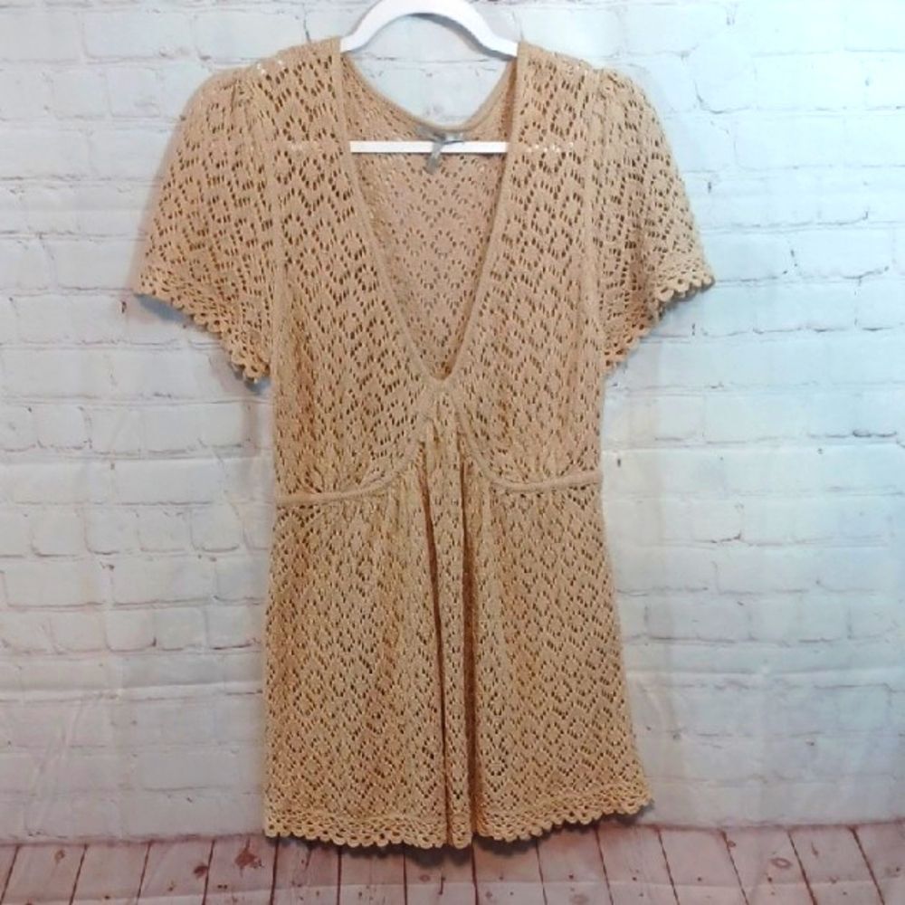 Y2K Baby Doll Metro 7 Tan Feminine Summer Boho Crochet Top L